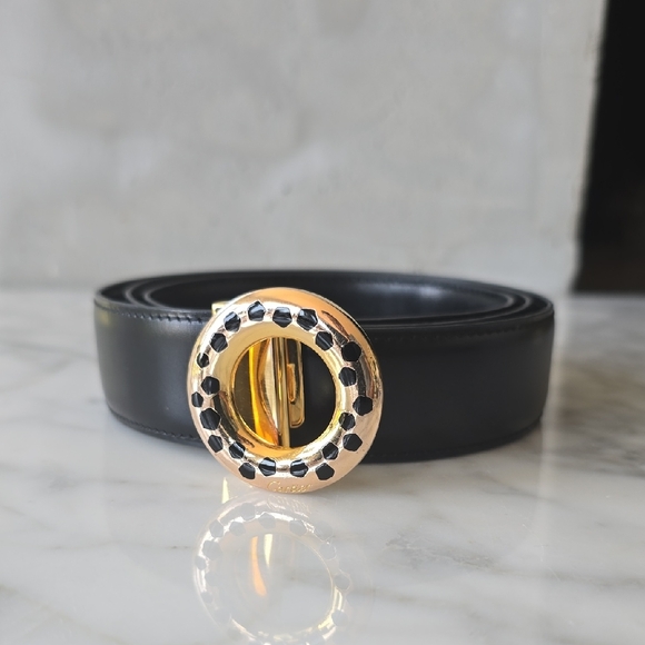 Cartier Black Leather Belt Gold Round Buckle Sz S - Picture 2 of 9